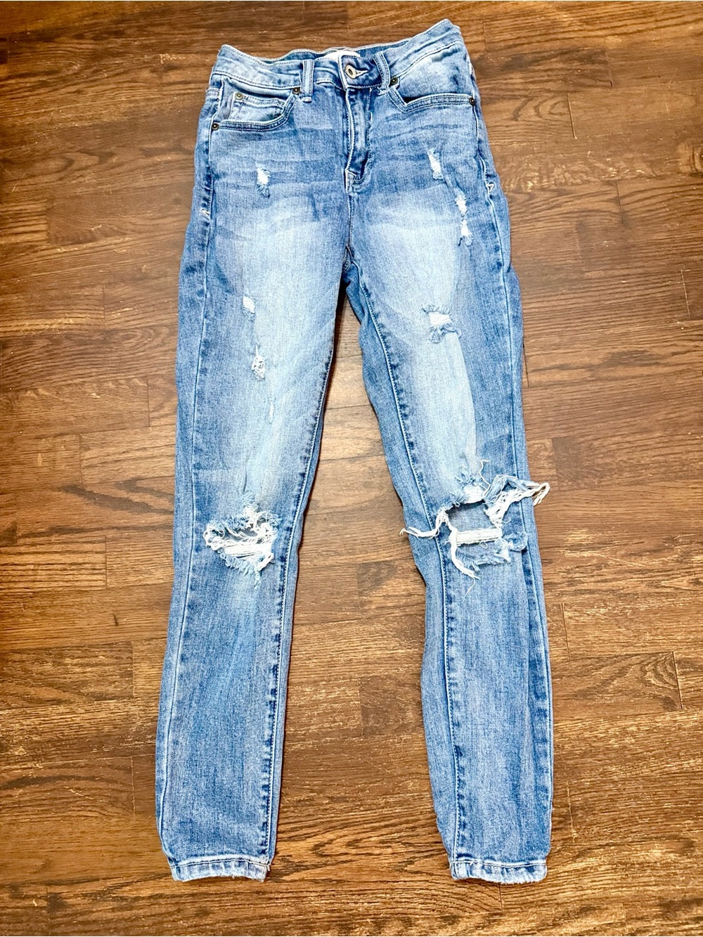 Distressed Straight‎ Leg Jeans in Light Blue